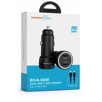 شارژر فندکی Porodo Blue Riva 60W دو پورت USB-C به همراه کابل USB-C به USB C