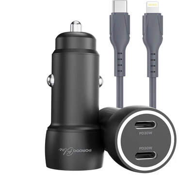 شارژر فندکی Porodo Blue Riva 60W دو پورت USB-C به همراه کابل USB-C به Lightning