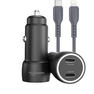 شارژر فندکی Porodo Blue Riva 60W دو پورت USB-C به همراه کابل USB-C به Lightning