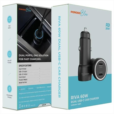 شارژر فندکی Porodo Blue Riva 60W دو پورت USB-C