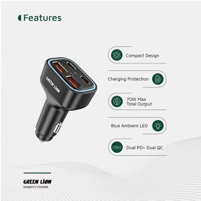 شارژر فندکی خودرو 70 وات گرین لاین مدل Quad Port