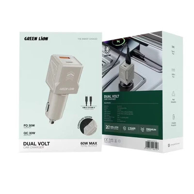 شارژر فندکی 60وات گرین لاین مدلDual Volt همراه با کابل دو سر تایپ سی