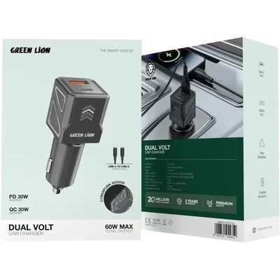 شارژر فندکی 60وات گرین لاین مدلDual Volt همراه با کابل دو سر تایپ سی