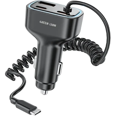 شارژر فندکی مشکی خودرو مدل Dual PD 90W با کابل USB-C داخلی گرین لاین