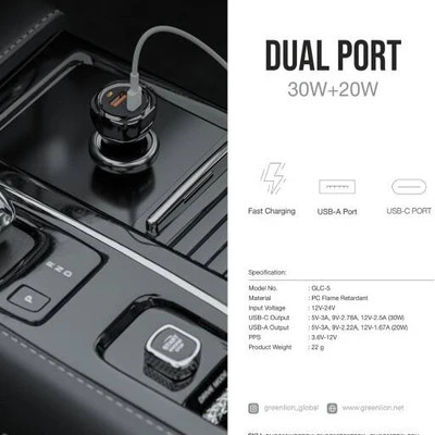شارژر فندکی خودرو گرین لاین مدل Dual Port 50W همراه کابل Type-C
