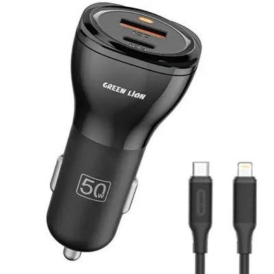 شارژر فندکی خودرو گرین لاین مدل Dual Port 50W با کابل Lightning