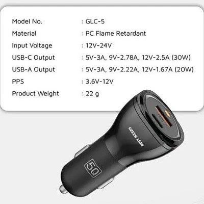شارژر فندکی خودرو گرین لاین مدل Dual Port 50W با کابل Lightning