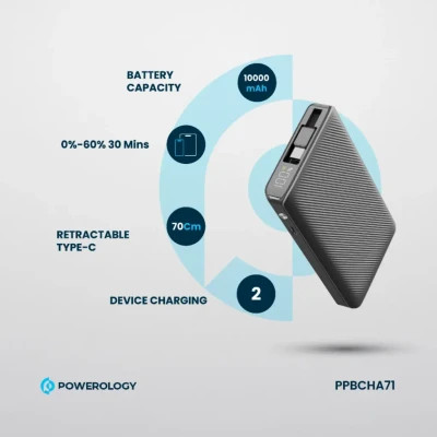 پاوربانک پاورولوژی PPBCHA71 ظرفیت ۱۰ هزار میلی آمپر با کابل تایپ سی جمع شونده
