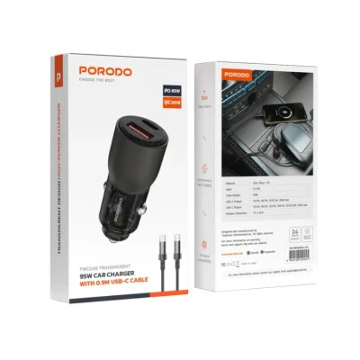 شارژر فندکی + کابل تایپ سی 95W شفاف Porodo PD-FWCH048